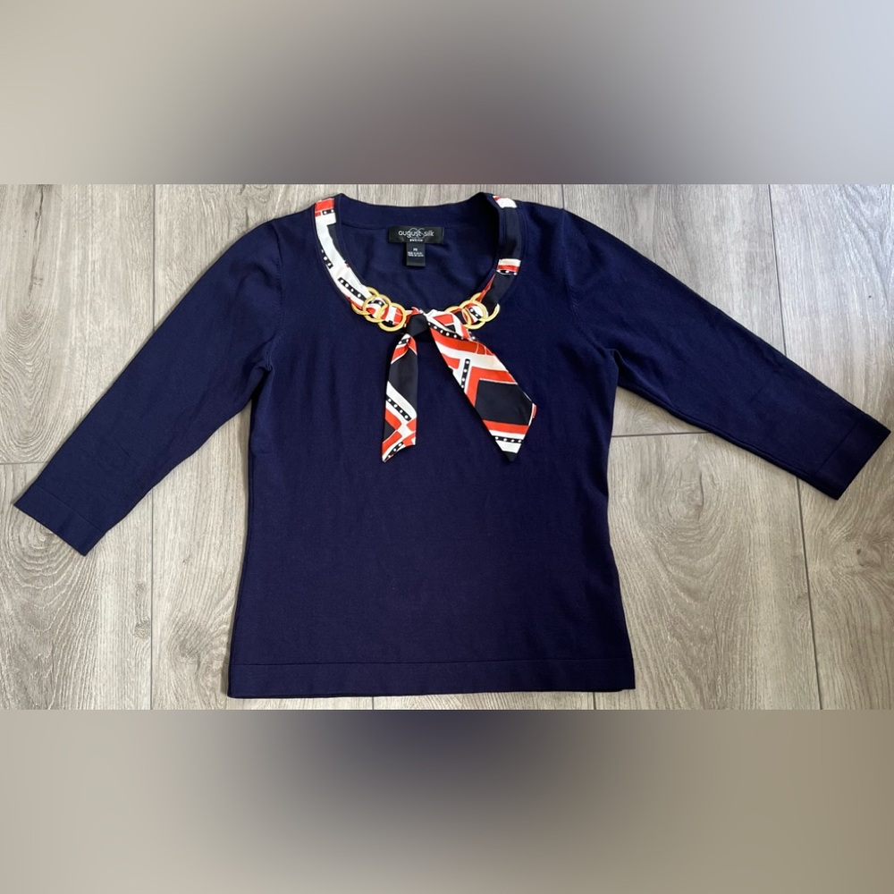 August Silk Navy Blue Top Built In Scarf Gold Accent 3/4 Sleeve Womens PSmall